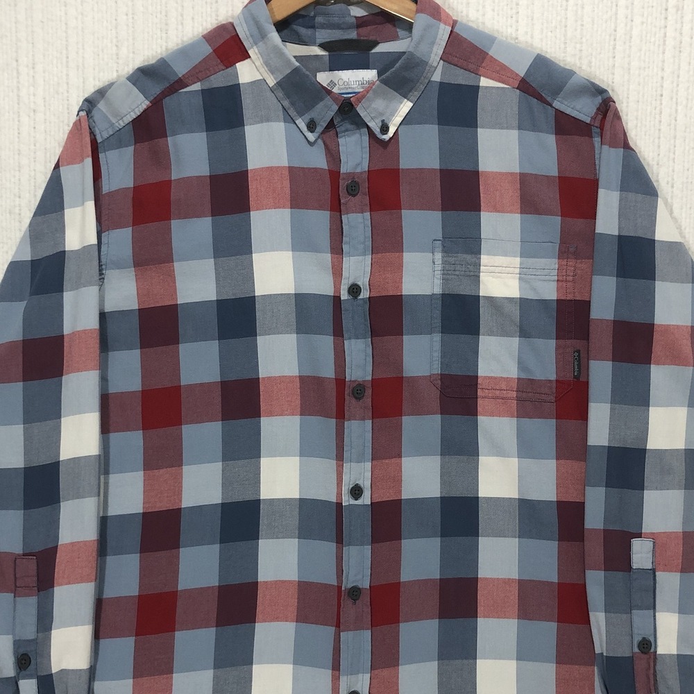Columbia Mens XL Red Blue White Plaid Cotton Long Sleeve Button Down Shirt